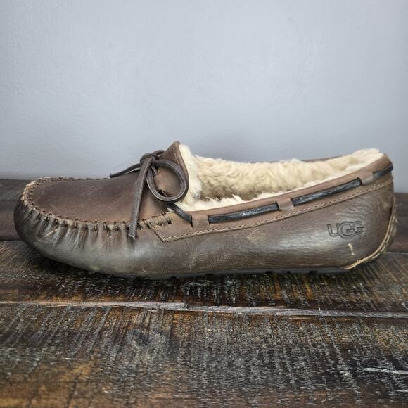 NEW UGG Olsen Slipper Mens Size 8 Leather Fuzzy Warm Slip On Shoes Loafers Brown main image 10